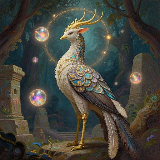 Digital fantasy artwork of a majestic, golden antlered bird with iridescent feathers, standing in a mystical forest, surrounded by glowing bubbles and ancient