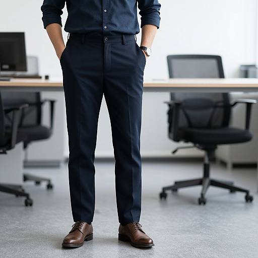 Photograph of a man standing in a modern office, wearing dark navy pants, brown leather shoes, and a dark blue shirt, with hands in pockets