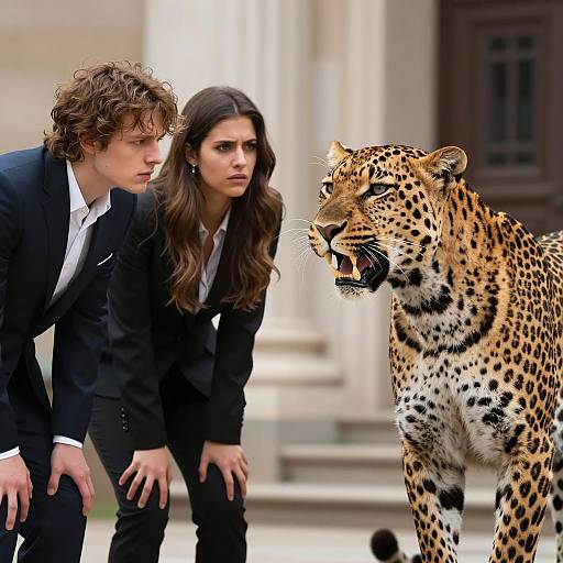 Man and Woman Facing Leopard Outdoors
