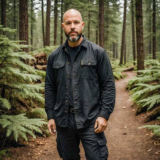 Bald Man in Black Outfit Hiking in Forest