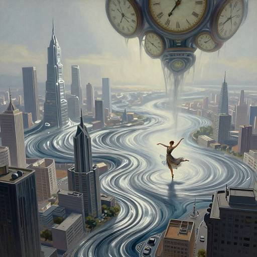 Digital artwork of a cityscape with winding, glowing roads, a giant clock above, and a dancing figure in a dress at the center. Sky is
