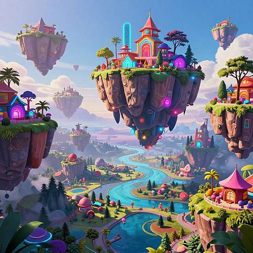 Vibrant digital fantasy landscape: floating islands with colorful, whimsical buildings, glowing windows, winding river, and lush greenery under a bright blue