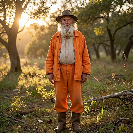 Photograph of an elderly white man with a long white beard, wearing an orange prison jumpsuit, brown boots, and a hat, standing in a