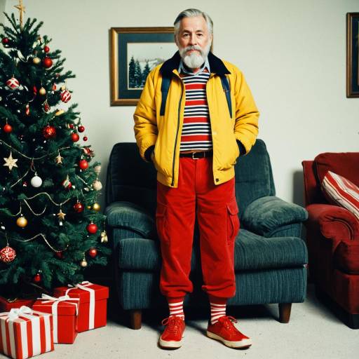 Elderly Man in Yellow Jacket by Christmas Tree