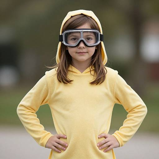 Photograph of a young girl with brown hair wearing a yellow hoodie and oversized black goggles, standing with hands on hips in a blurred outdoor park.