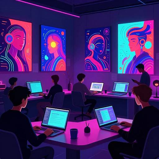 Photograph of a neon-lit office with six people working on laptops, surrounded by vibrant, abstract, colorful portraits on the walls.