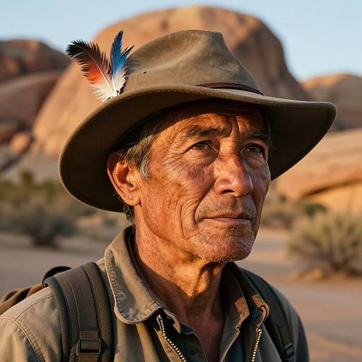 Photograph of a weathered, middle-aged Native American man with deep wrinkles, wearing a brown hat with a colorful feather, green shirt, and backpack