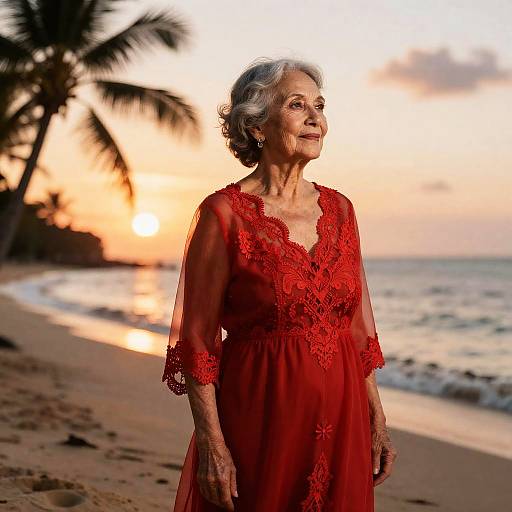 Elderly Woman in Red Sheer Dress