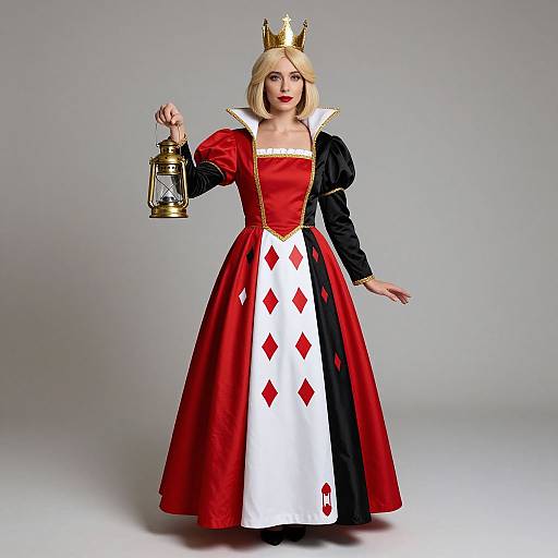 Photograph of a blonde woman in a red and white diamond-patterned royal dress, black sleeves, gold crown, holding a lantern, against a gray