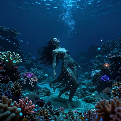 Photograph of a woman with long hair in a shimmering black dress, floating underwater amidst vibrant, colorful coral reefs with sparkling bubbles above.