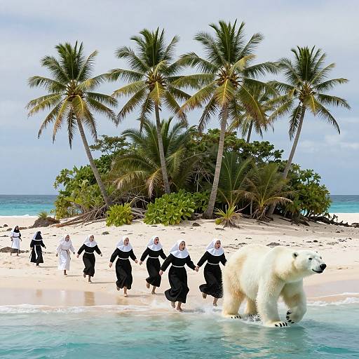 Photograph of Indonesian women in black and white hijabs, walking on a tropical beach with palm trees and a polar bear. Clear blue sky, turquoise