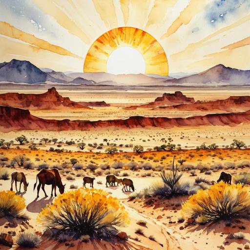 Watercolor Desert Landscape with Sun and Animals