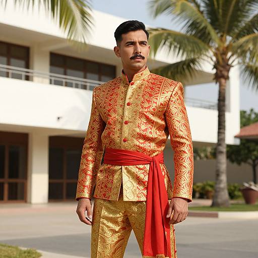 Photograph of a mustachioed South Asian man in an ornate gold and red traditional outfit with a red sash, standing outdoors near a