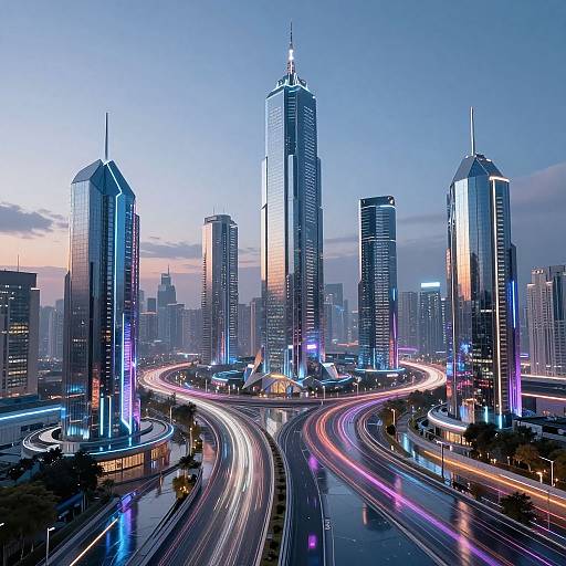 Photograph of a futuristic cityscape at dusk, featuring illuminated skyscrapers with neon lights, curved highways with light trails, and a reflective wet surface