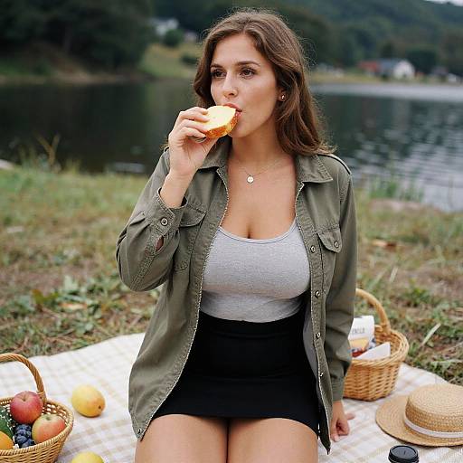 Photograph of a brunette woman with medium breasts, wearing a green jacket and black skirt, eating a sandwich by a lake. Basket and picnic items on
