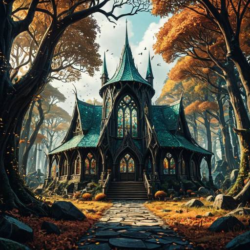 Elven Village Grand Library in Autumn Forest