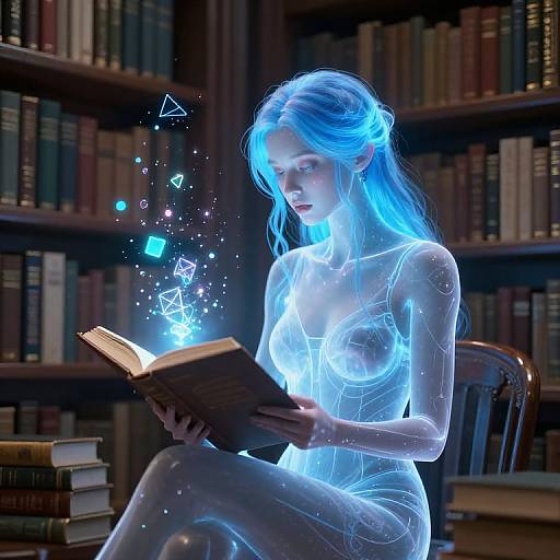 Cyberpunk Ethereal Figure in Digital Library