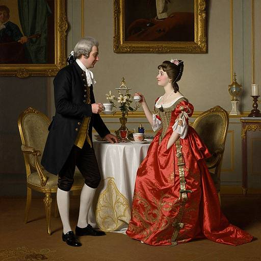 Photograph of 18th-century aristocrats; man in black coat, white stockings, and gray hair; woman in red satin gown with gold trim
