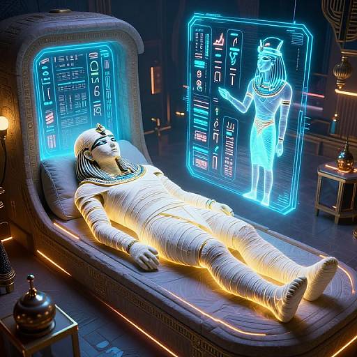 Digital artwork of an mummified figure lying on a glowing, neon-lit sarcophagus with holographic ancient Egyptian hieroglyphs and an