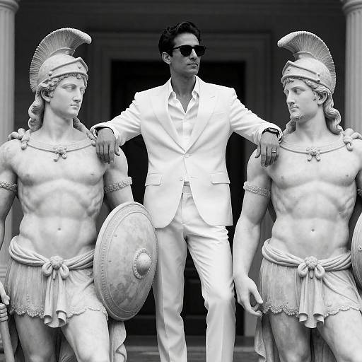 Man in White Suit Among Statues