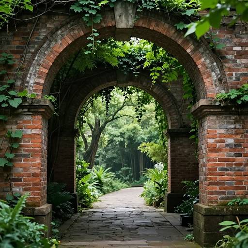 Photograph of an old, red brick archway covered in green ivy, framing a sunlit, leafy garden path with ferns and trees
