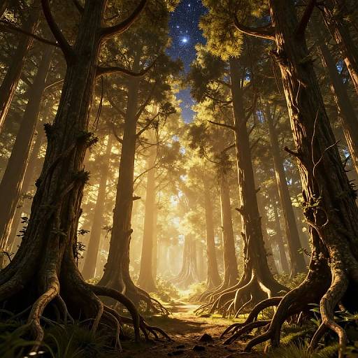 Photograph of a magical forest at dawn, with golden sunlight filtering through tall trees, revealing intricate roots and a starlit sky above.