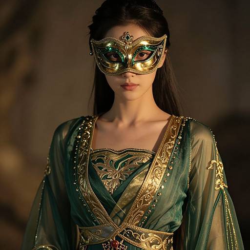 Elegant Mysterious Figure in Green Gold Costume