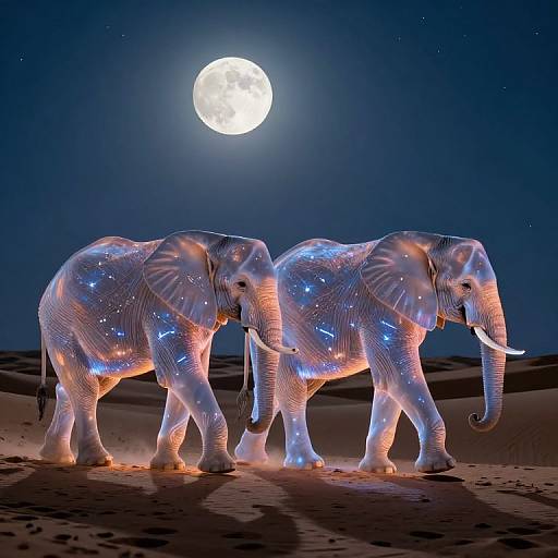 Photograph of two illuminated elephants with blue and pink lights, standing in a desert under a full moon in a dark blue night sky.