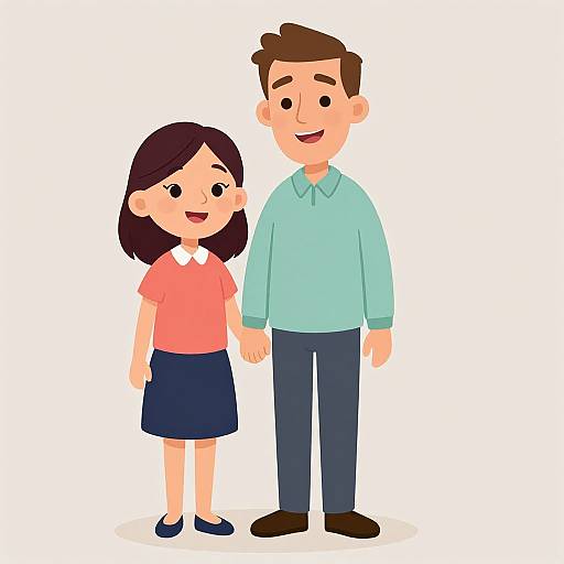 Cartoon illustration of a smiling brown-haired man in a light blue shirt and dark pants holding the hand of a black-haired girl in a pink shirt and