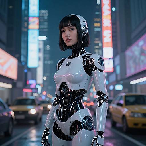 Cybernetic Woman Amid Neon Metropolis