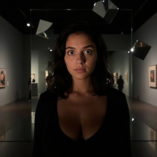 Photograph of a dark-haired woman with large eyes, wearing a black top, standing in an art gallery with dim lighting and framed pictures on dark walls