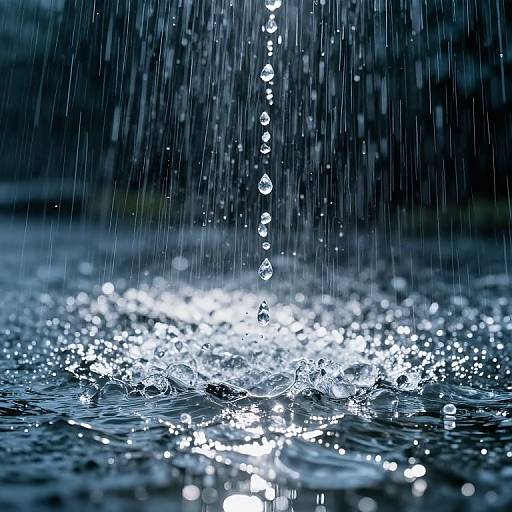 Photograph of raindrops splashing on water, capturing bright white highlights against a dark, blurred background, emphasizing the contrast and texture.