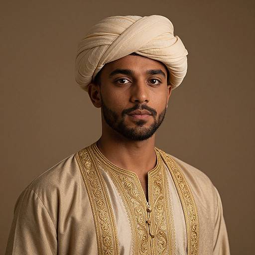 Photograph of a young South Asian man with dark skin, black beard, white turban, and gold-embroidered beige shirt, against a