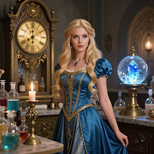 Blonde woman in blue, gold-trimmed fairy tale dress stands in dimly lit, vintage laboratory with candles, clock, and glowing orb.