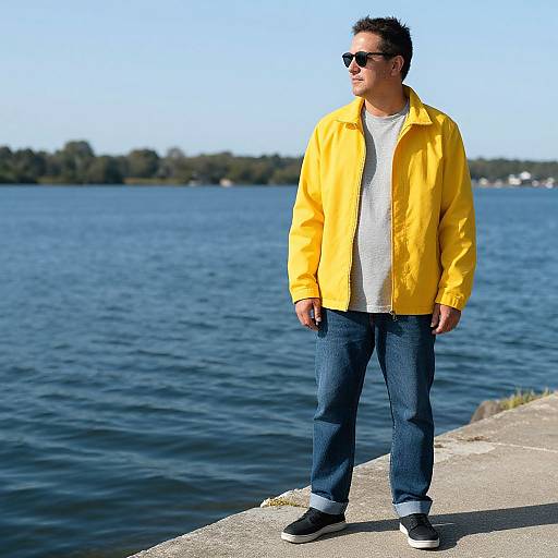 Photograph of a man in a bright yellow jacket, white t-shirt, blue jeans, and black sneakers, standing on a lakeside concrete edge,