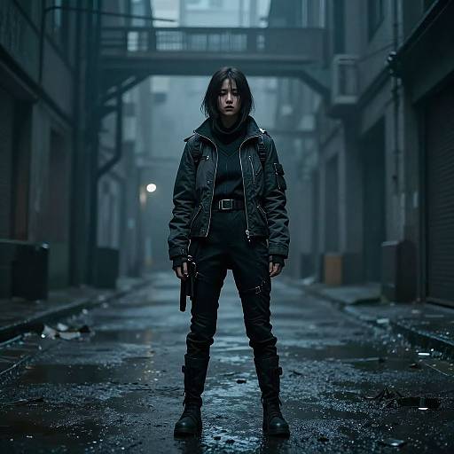 Photograph-style digital art: Dark-haired man in black jacket, pants, and boots stands confidently in a rain-soaked, dimly-lit industrial