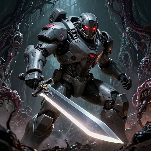 Digital artwork of a glowing red-eyed, silver armored robot wielding a bright sword in a dark, eerie forest with twisted, tentacle-like creatures.