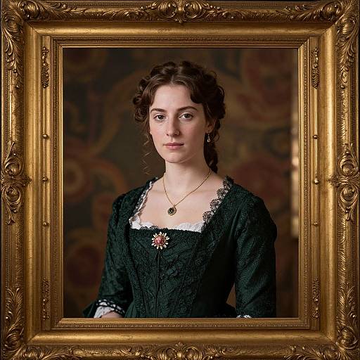 Photograph of a young, fair-skinned woman with curly brown hair in a black lace dress, gold necklace, framed in an ornate gold frame