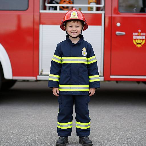 Photograph of a young boy smiling, wearing a red firefighter helmet and navy firefighter uniform with yellow stripes, standing in front of a red fire truck.
