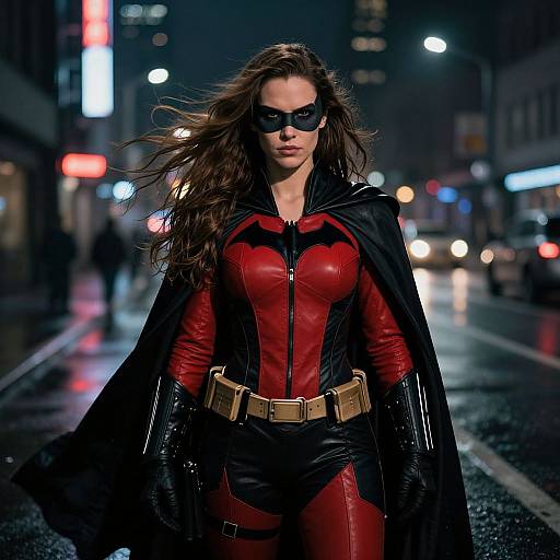 Photograph of a fierce, brown-haired woman in a red and black Batwoman costume with black mask, cape, and belt, walking confidently on a