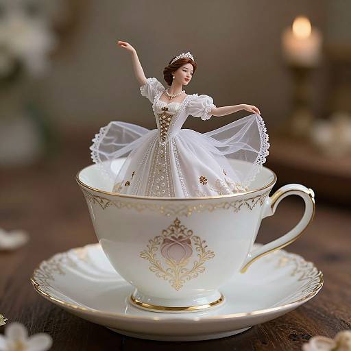 Photograph of a small princess doll in a white, gold-embellished ball gown, standing gracefully in an ornate white teacup on