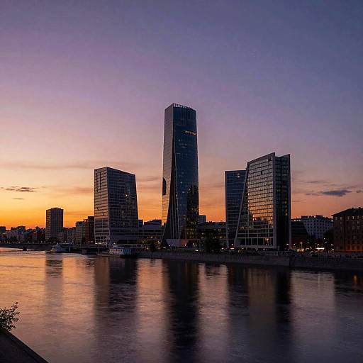 Photograph of a city skyline at dusk, featuring three modern skyscrapers reflecting on a calm river, with a vibrant orange and purple sunset sky in