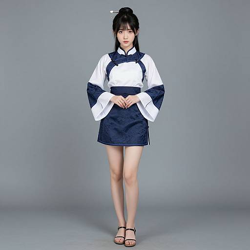 Photograph of an East Asian woman with fair skin, black hair in a bun, wearing a white and navy traditional Korean outfit, standing against a gray