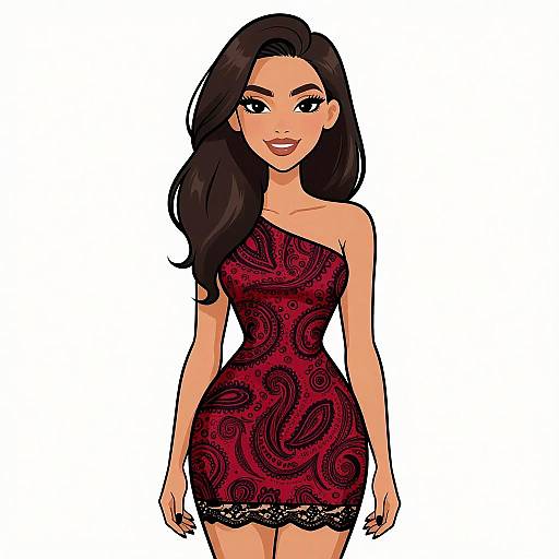 Digital illustration of an attractive Asian woman with long black hair, wearing a one-shoulder, red lace dress with black swirl patterns and black lace trim