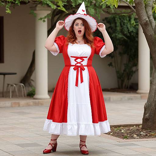 Photograph of a surprised woman in a red and white witch costume, holding her hat, standing outdoors on a tiled patio.