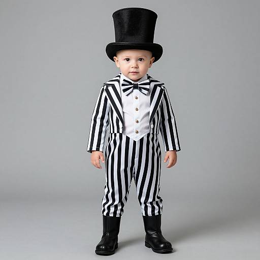 Photograph of a baby in black and white striped suit, black top hat, and black boots, standing against a plain gray background.