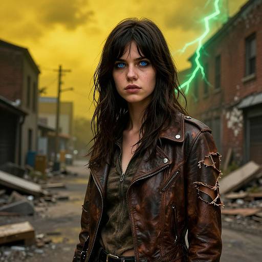 Photorealistic digital artwork of a blue-eyed, dark-haired woman with wet hair, wearing a torn brown leather jacket, standing in a stormy,