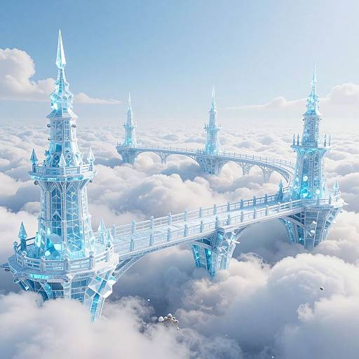 Photorealistic CGI of a glowing, icy, Gothic-style bridge with multiple spires, floating amidst fluffy white clouds under a bright blue sky.