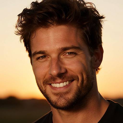 Photograph of a smiling, bearded, brown-haired man with warm skin tones and brown eyes, set against a golden sunset background.