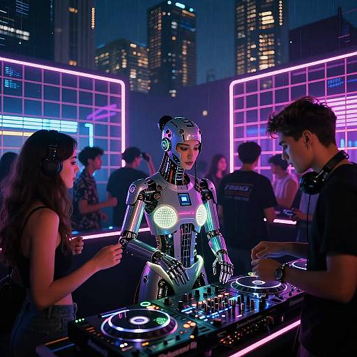 Photograph of a futuristic nightclub scene with a glowing, robotic DJ, two human DJs, neon lights, and a city skyline background.